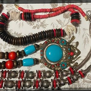 Statement jewelry lot (tribal, red, wood, shell, Iris apfel)